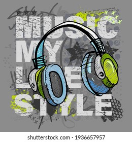 Urban style modern t-shirt with  headphones and graffiti. Grunge style illustration for guys.
