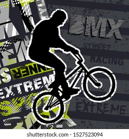 Urban style modern t-shirt  with silhouette boy on bicycle BMX. Sport extreme style  illustraton for guys.