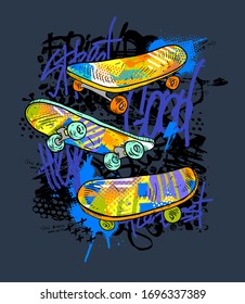 Urban style modern t-shirt with  skateboards and graffiti. Sport extreme style illustraton for guys.