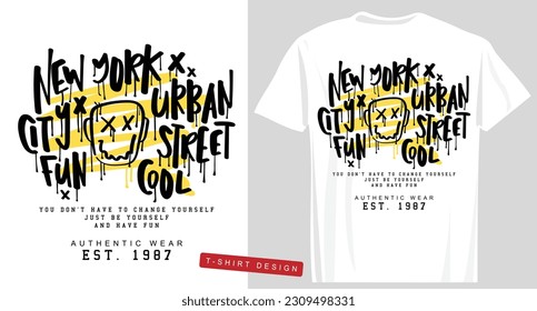 Urban style New York typography and smiling face emoji drawing. Vector illustration design for fashion graphics, t shirt prints.