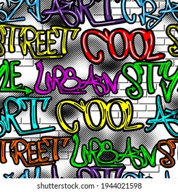 Urban style seamless pattern. Multicolored graffiti, spray and brick.