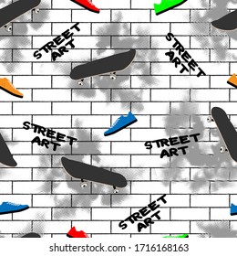 Urban style seamless pattern. Skate, sport shoes and street art text with gray blot on white brick background.