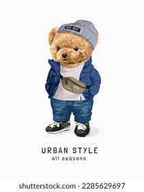 urban style slogan with bear doll in blue jacket vector illustration