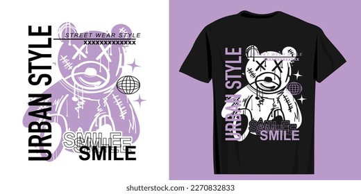 Estilo urbano y texto de sonrisa. Dibujo de oso de peluche. Diseño de ilustraciones vectoriales para gráficos de moda, estampados de camisetas.