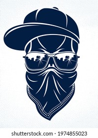 Urban stylish skull vector logo or icon, aggressive criminal scull tattoo, gangster style.