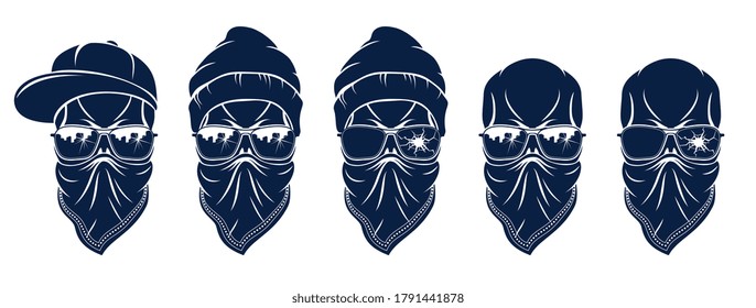 Urban stylish skull vector logos or icons set, aggressive criminal scull tattoo, gangster style.