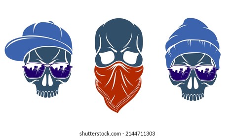 Urban Stylish Skull Vector Logos Or Icons Set, Aggressive Criminal Scull Tattoo, Gangster Style.