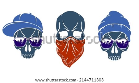 Urban stylish skull vector logos or icons set, aggressive criminal scull tattoo, gangster style.