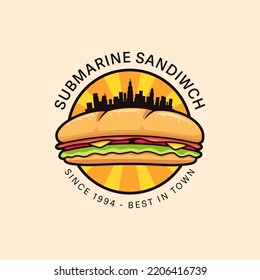 logotipo de sándwich submarino urbano placa de representación vectorial con silueta de ciudad metropolitana, logo de sandwich submarino del centro