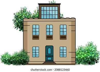 Urban and suburban house, town house, and cottage with bushes and trees . Isolated vector illustration.
