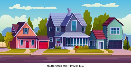 Urban or suburban neighborhood, background with cartoon homes with garages, green trees and driveway. Vector suburb village landscape with cottage houses, facade exterior of modern buildings, blue sky