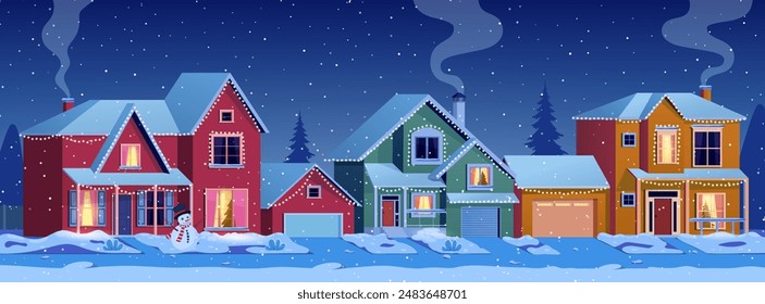 Urbane oder vorstädtische Nachbarschaft nachts Cartoon Winter Landschaft Straße mit Schnee auf Dächern, Häuser mit Lichtern. Vektorillustration im flachen Stil