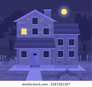 Urban or suburban neighborhood at night. Evening suburb village landscape design. House with garages, fence and trees. Vector illustration in a flat style