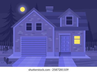 Urban or suburban neighborhood at night. Evening suburb village landscape design. House with garages, fence and trees. Vector illustration in a flat style