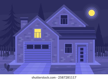 Urban or suburban neighborhood at night. Evening suburb village landscape design. House with garages, fence and trees. Vector illustration in a flat style