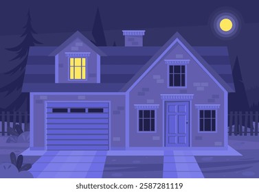 Urban or suburban neighborhood at night. Evening suburb village landscape design. House with garages, fence and trees. Vector illustration in a flat style