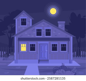 Urban or suburban neighborhood at night. Evening suburb village landscape design. House with garages, fence and trees. Vector illustration in a flat style