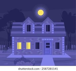 Urban or suburban neighborhood at night. Evening suburb village landscape design. House with garages, fence and trees. Vector illustration in a flat style