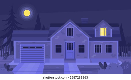 Urban or suburban neighborhood at night. Evening suburb village landscape design. House with garages, fence and trees. Vector illustration in a flat style