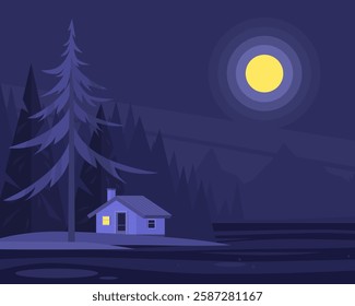 Urban or suburban neighborhood at night. Evening suburb village landscape design. House with garages, fence and trees. Vector illustration in a flat style