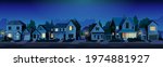 Urban or suburban neighborhood at night, houses with lights, late evening or midnight. Vector homes with garages,trees and driveway. Suburb village landscape with cottage buildings, street lamps