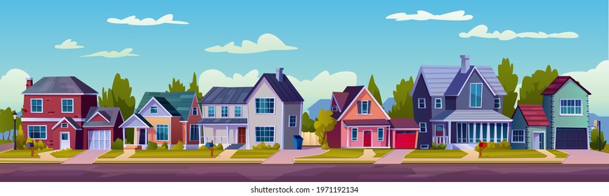Urban or suburban neighborhood at night, houses with lights, late evening or midnight. Vector homes with garages,trees and driveway. Suburb village landscape with cottage buildings, street lamps