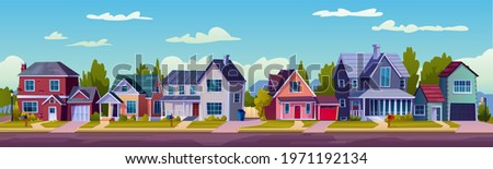 Urban or suburban neighborhood at night, houses with lights, late evening or midnight. Vector homes with garages,trees and driveway. Suburb village landscape with cottage buildings, street lamps