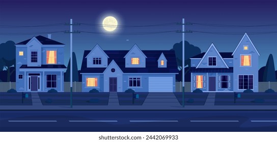 Barrio urbano o suburbano por la noche con propiedad inmobiliaria, casas con luces. paisaje de dibujos animados con casas de campo suburbanas, luna y estrellas en cielo oscuro. Ilustración vectorial en un estilo plano