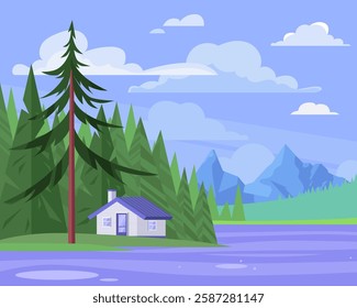 Urban or suburban neighborhood. Suburb village landscape design. House with garages, fence and trees. Vector illustration in a flat style