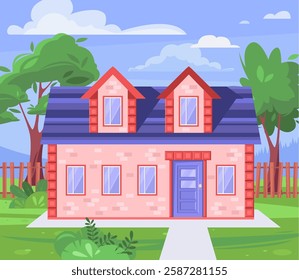 Urban or suburban neighborhood. Suburb village landscape design. House with garages, fence and trees. Vector illustration in a flat style