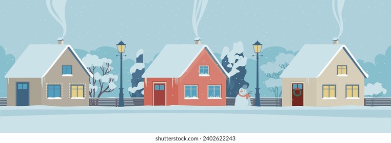 Urban or suburban street at winter. Colorful cosy houses covered with snow. Suburb village landscape with cottage buildings, street lamps. Flat vector