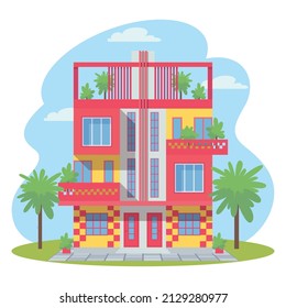 Urban or suburban two storey duplex house with balconies and roof deck. Modern double appartment residence. Summer beach house. Vector illustrartion, icon, simbol, object, background