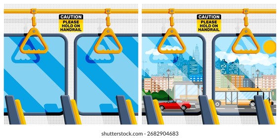 Vista Urbana de la ventana del metro o del autobús. Panorama exterior del paisaje de la ciudad con calle, tráfico y parada de autobús. Concepto de paisaje urbano.