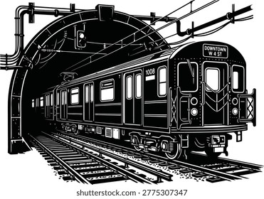 Urban subway train emerging from a dark tunnel detailed graphic illustration for city transportation and travel design elements and apps on