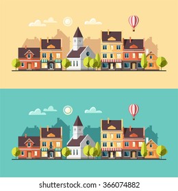 Urban summer landscape. Cityscape. Vector illustration, flat style.