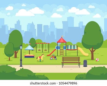 Urban summer public garden with kids playground. Cartoon vector city park with cityscape. Green park cartoon, landscape summer park illustration