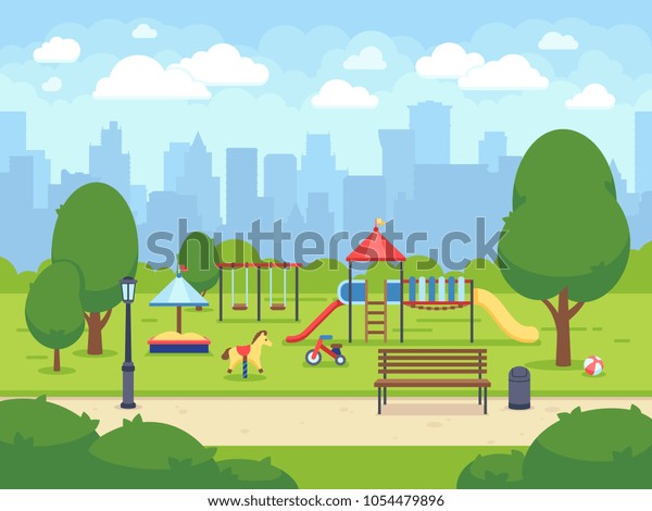子どもの遊び場を持つ都市の夏の公園 都市の風景を描いた漫画のベクター画像都市公園 緑の公園の漫画 風景の夏の公園イラスト のベクター画像素材 ロイヤリティフリー