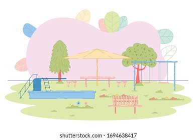 Urban Summer Public Garden and Playground with Attractions for Kids. Natural Landscape. Place for Children Rest and Recreation with Swimming Pool, Bench, Shelter, Swings. Vector Illustration