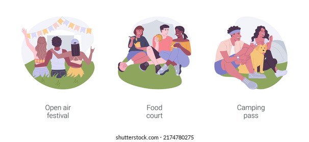 Urban Summer Weekend Isolated Cartoon Vector Illustrations Set. Open Air Festival, Food Court At Urban Event, Camping Pass, Entertainment Time, Live Music At Open Air Concert Vector Cartoon.