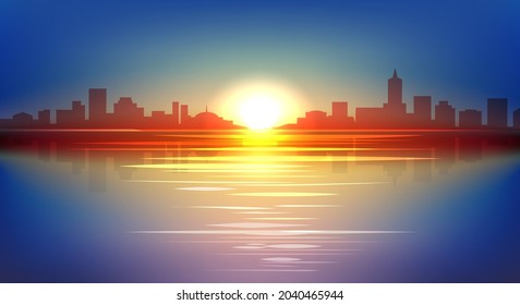 Urban sunrise. Cartoon flat vector city sunrise sunset wallpaper illustration, cities travel skyline, modern town sun rise sky landscape, evening towny horizon, townish scenery panorama