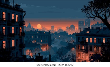 Urban Sunset View from Rooftop with Glowing Windows