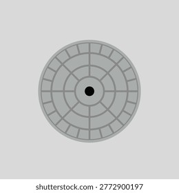 Urban surface and infrastructure texture. Cast iron hatch manhole cover with a hole in centre.