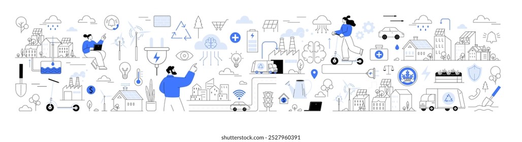 Sostenibilidad Urbana, infraestructuras inteligentes, edificios verdes. Personas que utilizan la tecnología en Configuraciones urbanas. Energía renovable, transporte, salud y comunicación. Planificación Urbana, tecnología inteligente