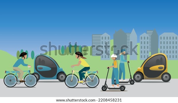 Urban\
sustainable environment with humans using electrified transport.\
Electric vehicles,  scooters,  bikes and cars.\
