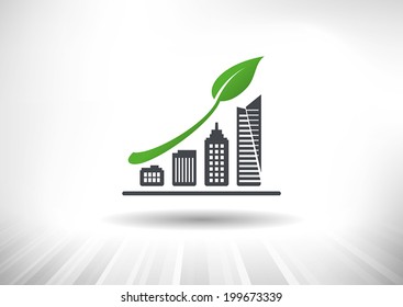 Urban Sustainable Green Growth. Concept showing rising city skyline bar chart with green leaf as arrow. Background and graph layered for easy customization. Fully scalable vector illustration.