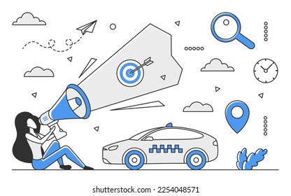 Urban taxi service. Delivery transport, passenger city car, application taxi vector monocolor illustration