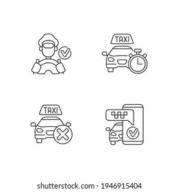 Urban taxi service linear icons set. Modern taxi service. Available city transport. Transportation. Customizable thin line contour symbols. Isolated vector outline illustrations. Editable stroke
