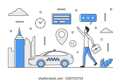 Urban taxi service transportation. City transport auto, catching taxi car vector monocolor illustration