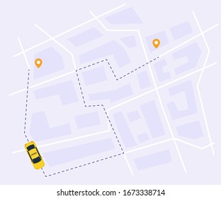 Ilustración vectorial del servicio de taxi urbano. camión de taxis amarillos y ruta con rayado. Sistema de seguimiento con punto de inicio y fin en el mapa de la ciudad, vista superior. 