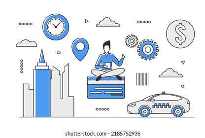 Urban taxi transportation service. City road transport, order cars application vector monocolor illustration